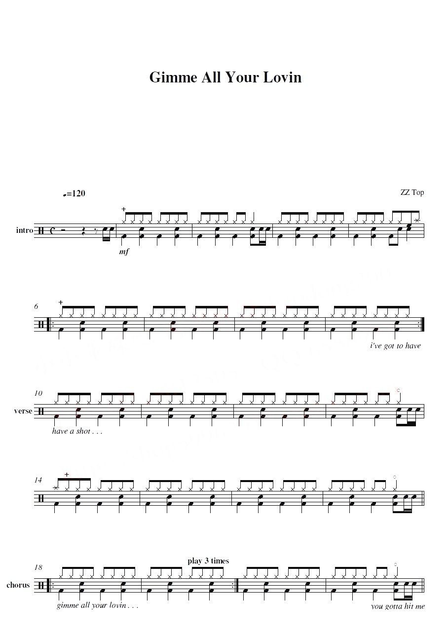 Gimme All Your Lovin 鼓谱预览