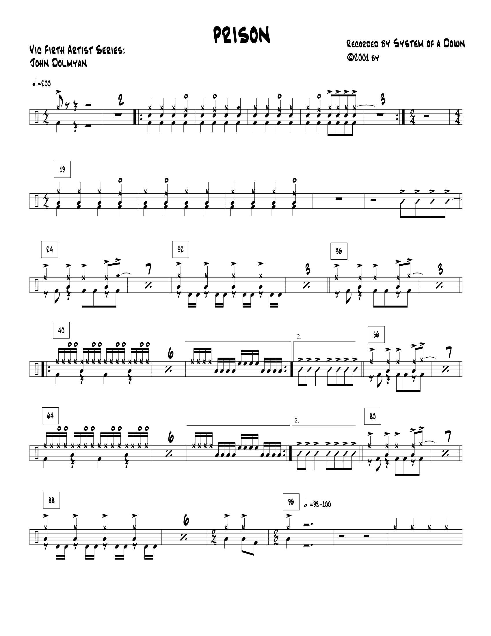 Prison Song【监狱的歌】 鼓谱预览