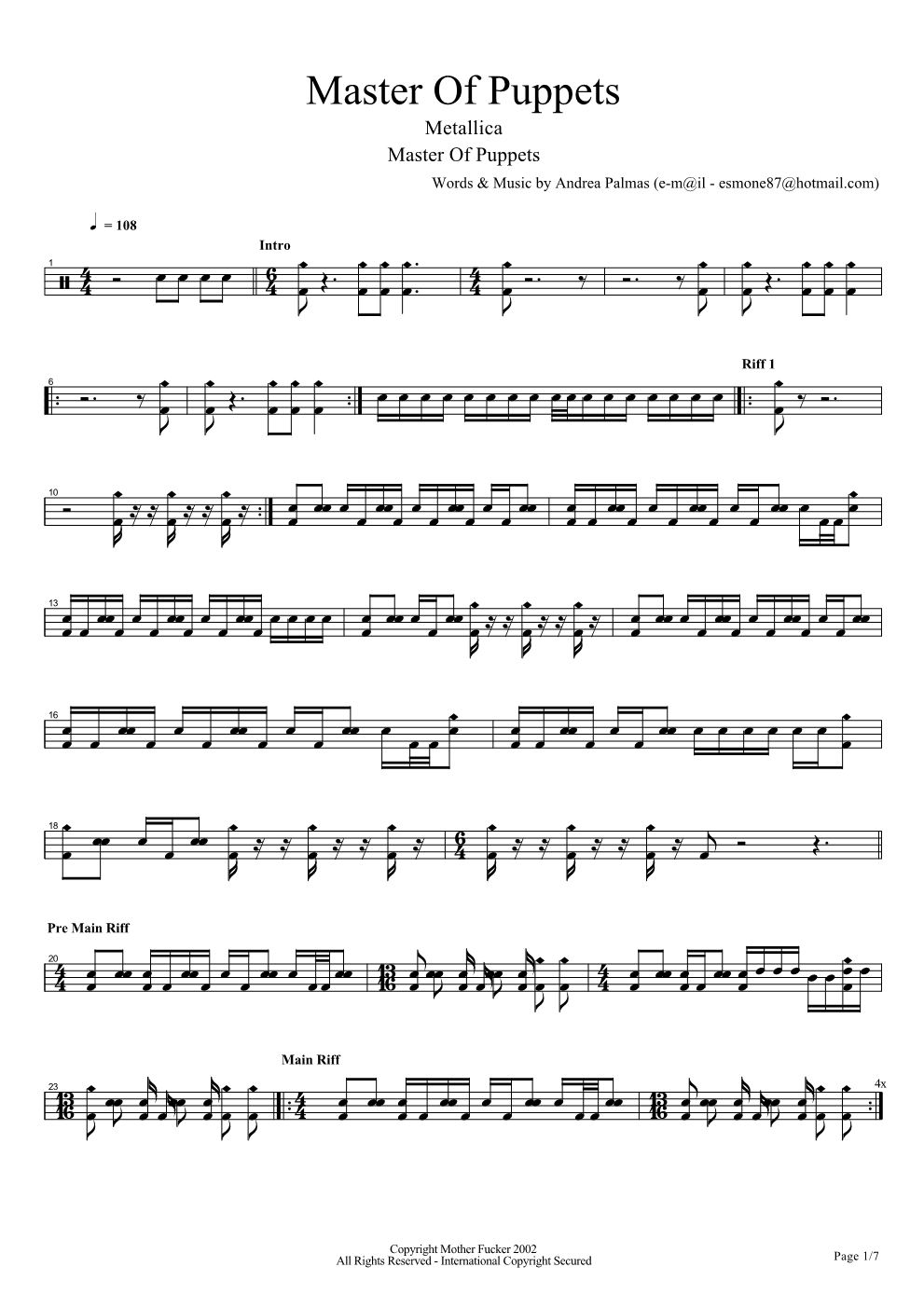 Master Of Puppets 鼓谱预览