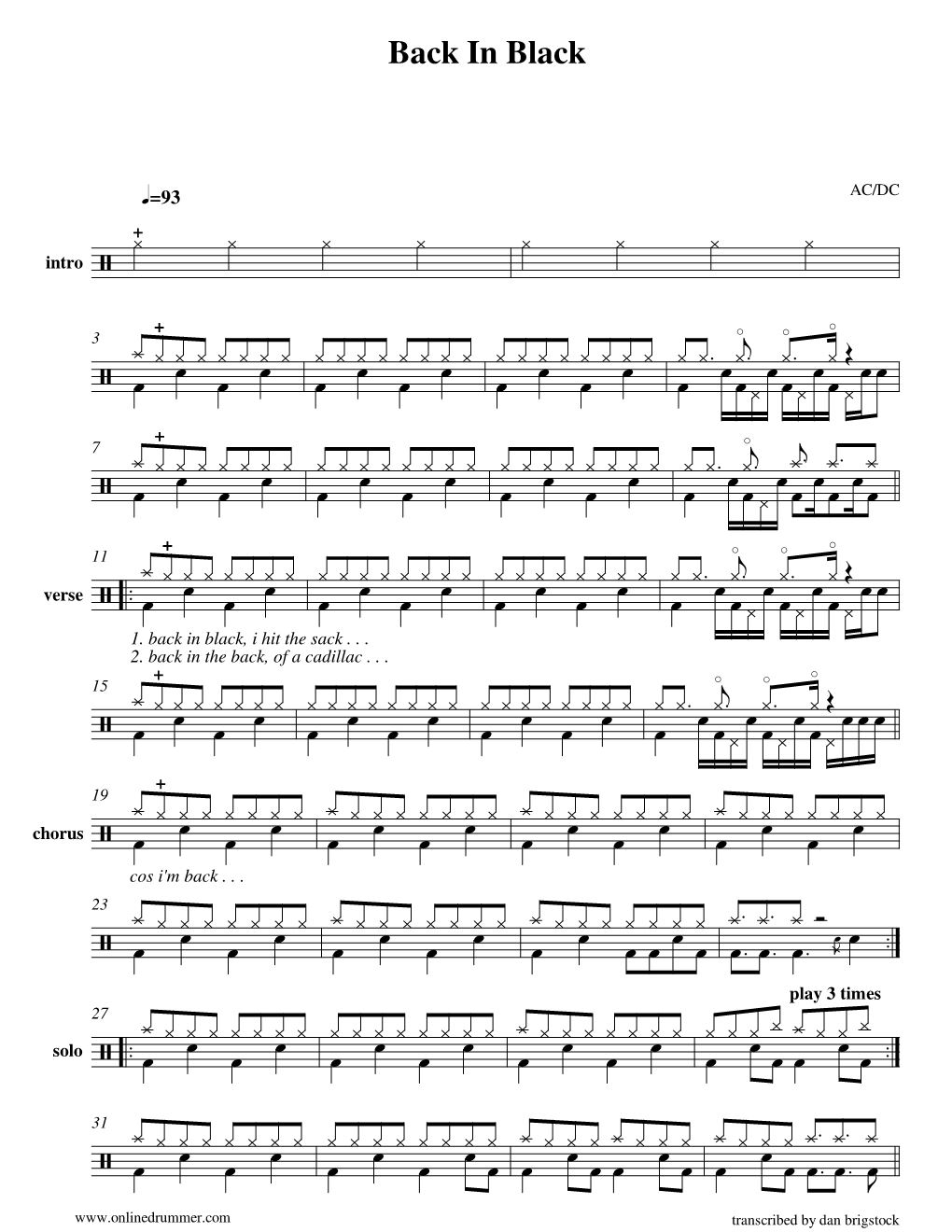 Back In Black 鼓谱预览