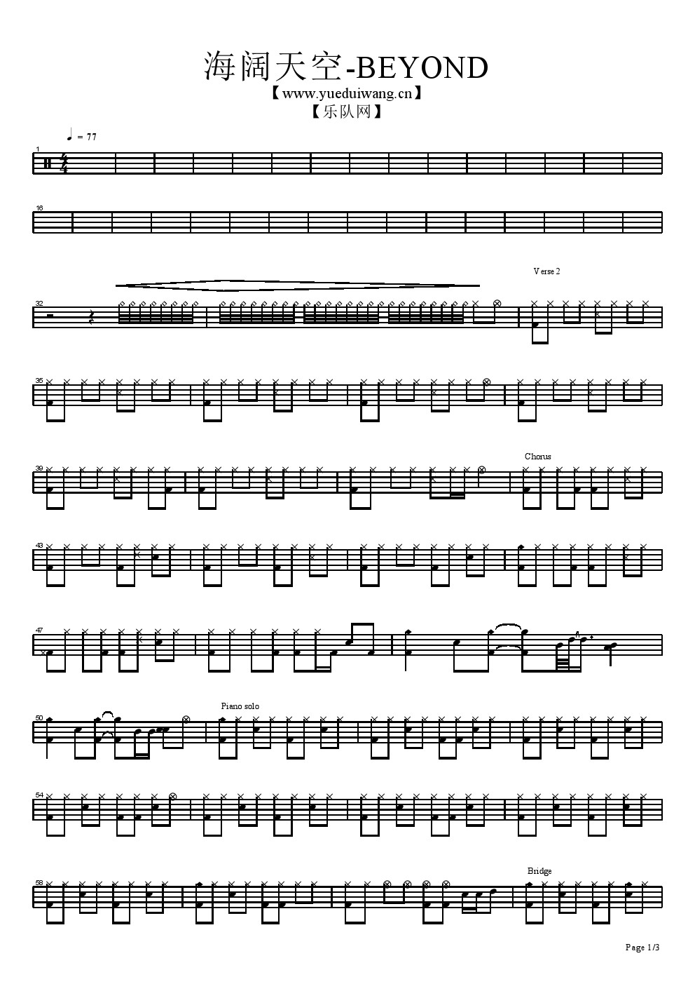 海阔天空 鼓谱预览