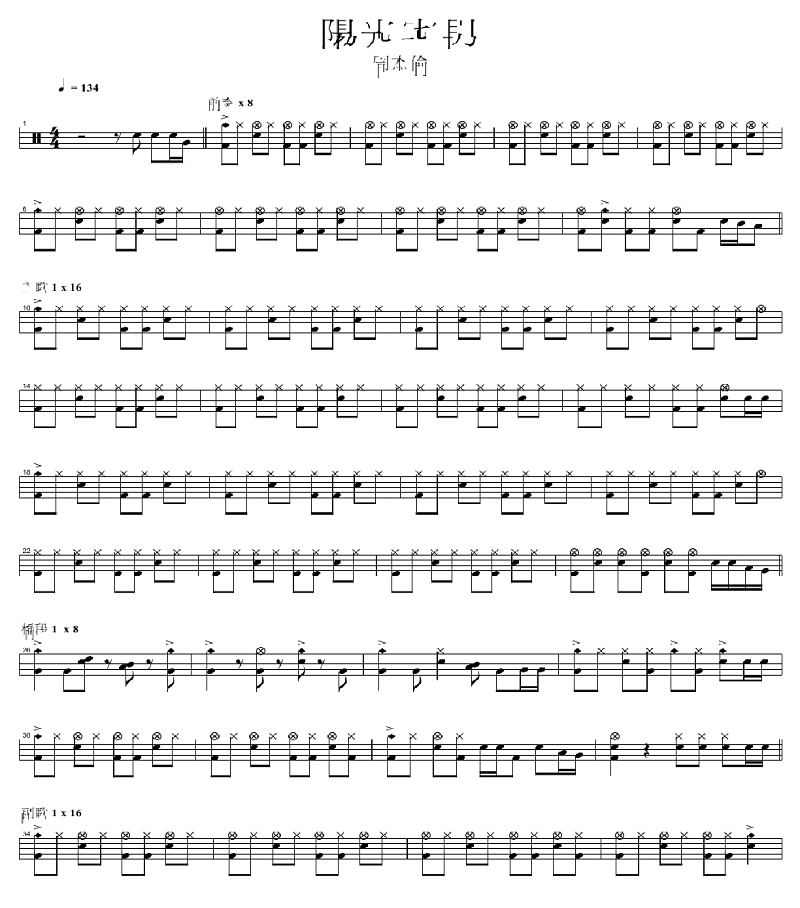 阳光宅男 鼓谱预览