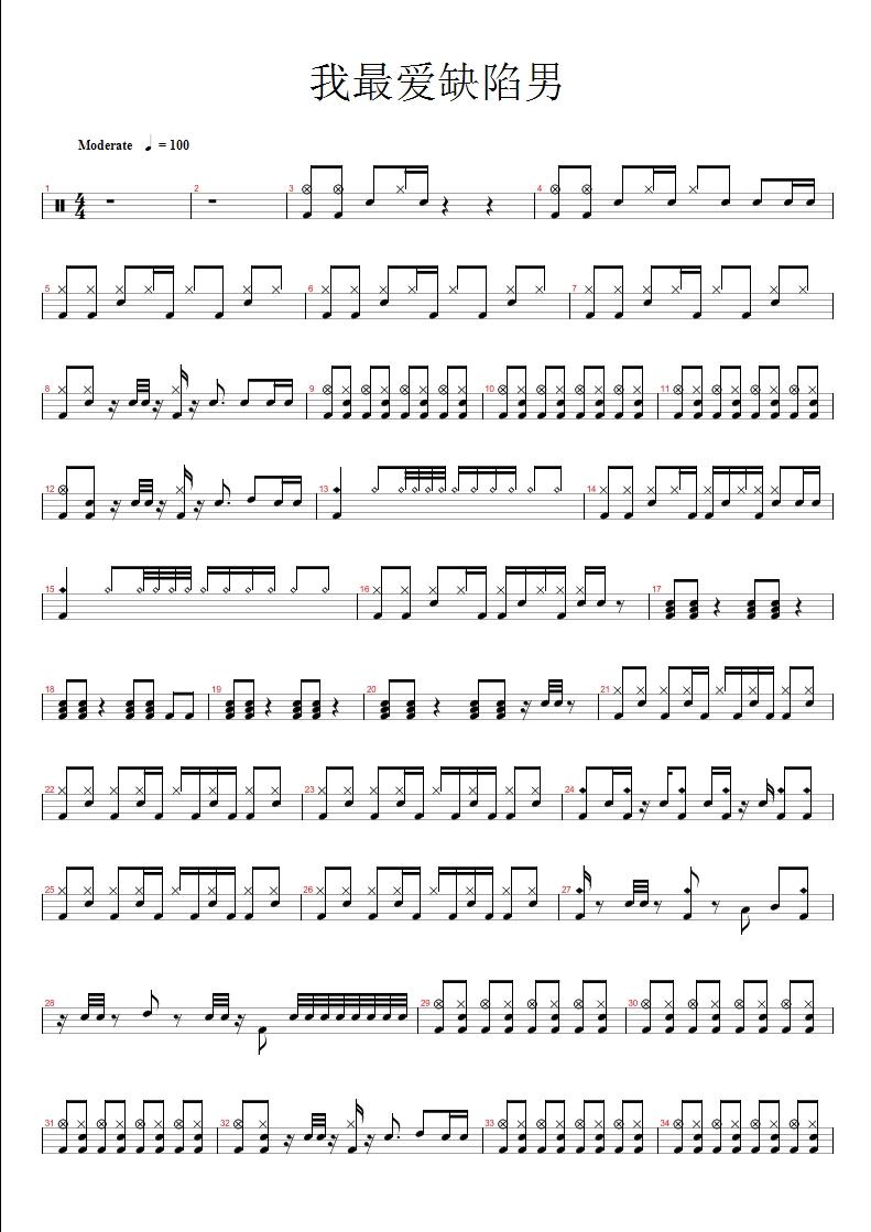 我最爱缺陷男 鼓谱预览