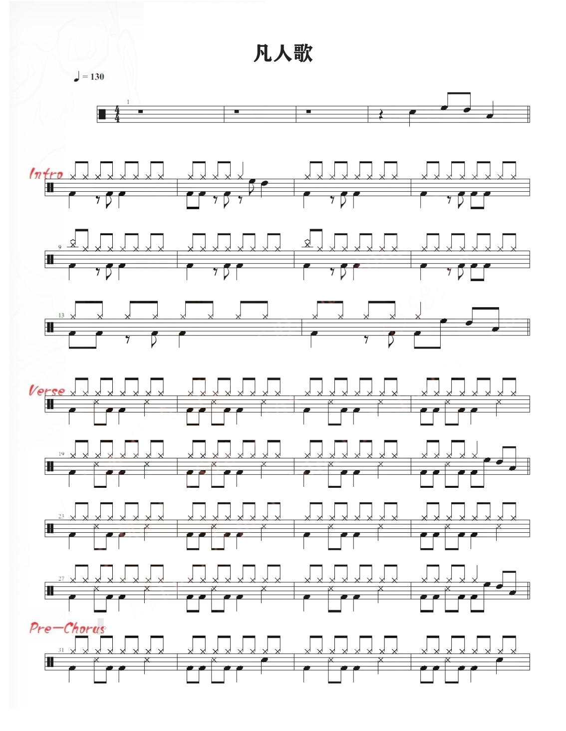 凡人歌 鼓谱预览